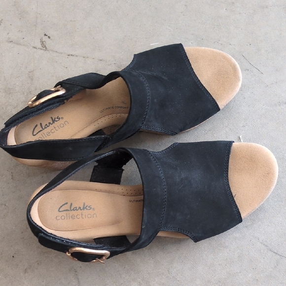 Clarks‎ Giselle Sea Women's Black Cork Suede Wedge Heel Sandals Size 9.5 - Picture 1 of 7